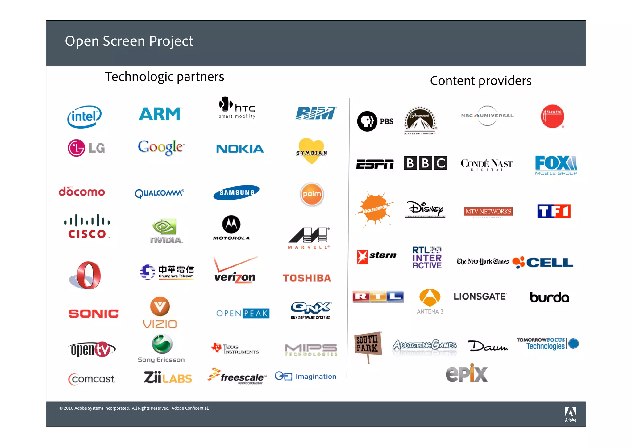 Open Screen Project

                      Technologic partners                                    Content providers




© 2010 Adobe Systems Incorporated. All Rights Reserved. Adobe Confidential.
 