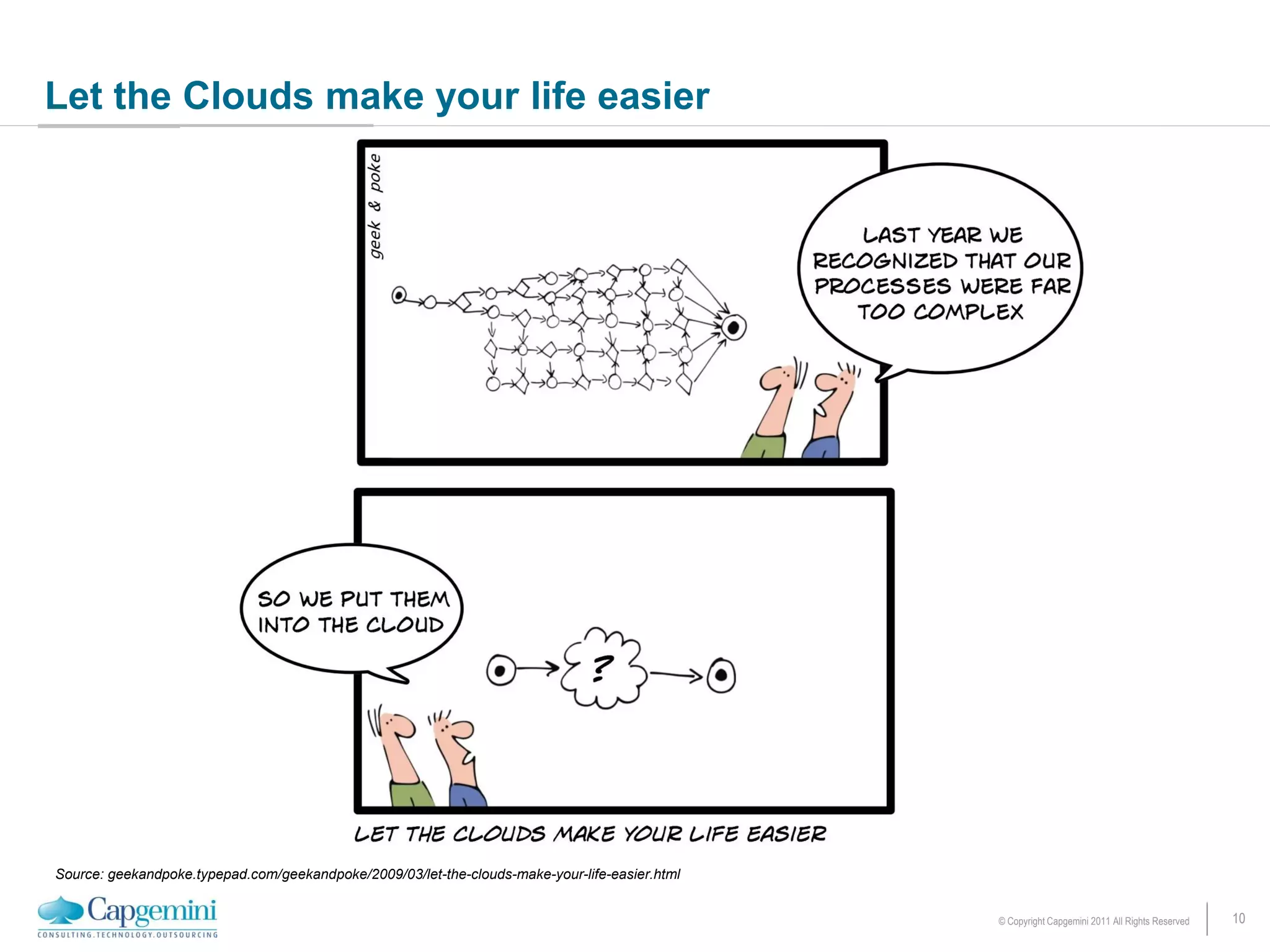 Let the Clouds make your life easier




Source: geekandpoke.typepad.com/geekandpoke/2009/03/let-the-clouds-make-your-life-easier.html


                                                                                                © Copyright Capgemini 2011 All Rights Reserved   10
 
