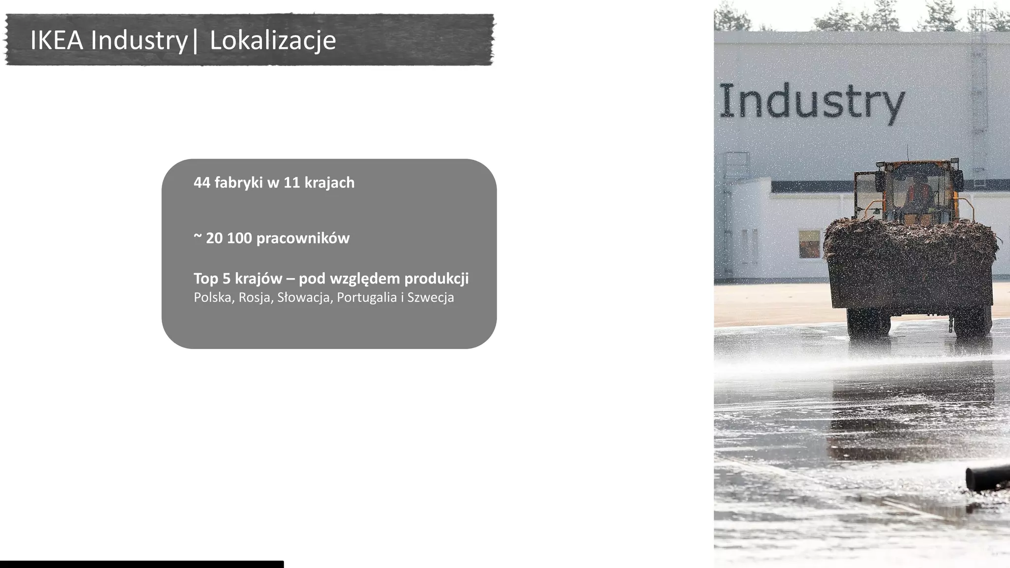 44 fabryki w 11 krajach
~ 20 100 pracowników
Top 5 krajów – pod względem produkcji
Polska, Rosja, Słowacja, Portugalia i Szwecja
C!
IKEA Industry| Lokalizacje
 