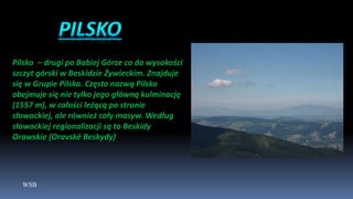 WSB
Pilsko – drugi po Babiej Górze co do wysokości
szczyt górski w Beskidzie Żywieckim. Znajduje
się w Grupie Pilska. Często nazwą Pilsko
obejmuje się nie tylko jego główną kulminację
(1557 m), w całości leżącą po stronie
słowackiej, ale również cały masyw. Według
słowackiej regionalizacji są to Beskidy
Orawskie (Oravské Beskydy)
 