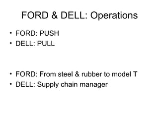FORD & DELL: Operations FORD: PUSH DELL: PULL FORD: From steel & rubber to model T DELL: Supply chain manager 