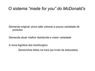 O sistema “made for you” do McDonald’s Demanda original: picos (alto volume) e pouca variedade de produtos Demanda atual: melhor distribuída e maior variedade A nova logística dos  hamburgers . Sanduíches feitos na hora (ao invés de estocados) 