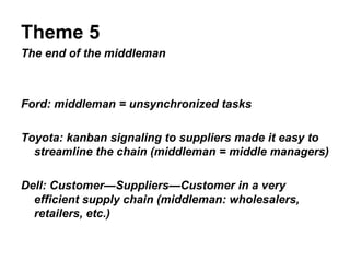 Theme 5 The end of the middleman Ford: middleman = unsynchronized tasks Toyota: kanban signaling to suppliers made it easy to streamline the chain (middleman = middle managers) Dell: Customer—Suppliers—Customer in a very efficient supply chain (middleman: wholesalers, retailers, etc.) 