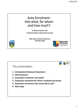 29/05/2018
1
Auto Enrolment:
Into what, for whom 
and how much?
Dr Micheál Collins, UCD
Dr Michelle Maher, Maynooth University
NERI Labour Market Conference
22nd May 2018
This presentation
1. Introduction & Research Questions 
2. Why Pensions?
3. Automatic enrolment: into what?
4. Automatic enrolment for whom: methods and results
5. Automatic enrolment: how much will it cost?
6. Next steps
 