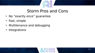13
Storm Pros and Cons
●
No “exactly once” guarantee
●
Fast, simple
●
Multitenance and debugging
●
Integrations
 