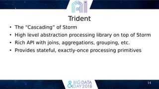 14
Trident
●
The “Cascading” of Storm
●
High level abstraction processing library on top of Storm
●
Rich API with joins, aggregations, grouping, etc.
●
Provides stateful, exactly-once processing primitives
 