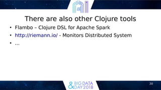 30
There are also other Clojure tools
●
Flambo – Clojure DSL for Apache Spark
●
http://riemann.io/ - Monitors Distributed System
●
...
 