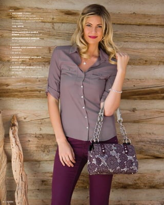 BAG
1. GRETCHEN - CLASSIC
Flower print on grey canvas
accented with plum faux leather and
oversized silver dome-head studs.
End pockets.
1236 $29.95
SHOWN WITH OPTIONAL
INTERCHANGEABLE HANDLE
STRAPS (grey), description on p.45
INTERCHANGEABLE HANDLES
(silver), description on p.46
JEWELRY
2. WHISPER HOOP EARRINGS (silver) - 	
	SIGNATURE
57 $26.00
3. CLOVER STATEMENT NECKLACE
(silver) - SIGNATURE
53 $24.00
4. CLOVER CHAIN BRACELET (silver) - 	
	SIGNATURE
55 $32.00
See foldout for Miche Jewelry details
63 | CLASSIC
 