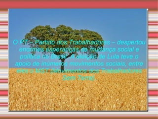 O PT – Partido dos Trabalhadores – despertou enormes esperanças de mudança social e política no Brasil. A eleição de Lula teve o apoio de inúmeros movimentos sociais, entre eles o MST (Movimentos dos Trabalhadores Sem Terra). 