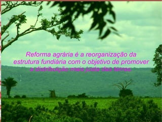 Reforma agrária é a reorganização da estrutura fundiária com o objetivo de promover a distribuição mais justa das terras. 