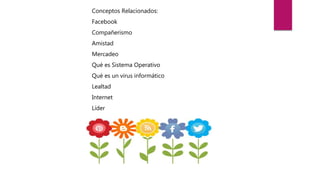 Conceptos Relacionados:
Facebook
Compañerismo
Amistad
Mercadeo
Qué es Sistema Operativo
Qué es un virus informático
Lealtad
Internet
Líder
 