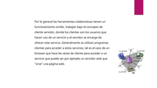 Por lo general las herramientas colaborativas tienen un
funcionamiento similar, trabajan bajo el concepto de
cliente servidor, donde los clientes son los usuarios que
hacen uso de un servicio y el servidor se encarga de
ofrecer este servicio. Generalmente se utilizan programas
clientes para acceder a estos servicios, tal es el caso de un
browser que hace las veces de cliente para acceder a un
servicio que puede ser por ejemplo un servidor web que
“sirve” una página web.
 