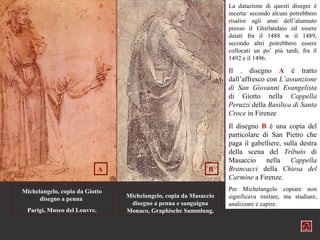 La datazione di questi disegni è
                                                                   incerta: secondo alcuni potrebbero
                                                                   risalire agli anni dell’alunnato
                                                                   presso il Ghirlandaio ed essere
                                                                   datati fra il 1488 w il 1489,
                                                                   secondo altri potrebbero essere
                                                                   collocati un po’ più tardi, fra il
                                                                   1492 e il 1496.

                                                                   Il . disegno A è tratto
                                                                   dall’affresco con L’assunzione
                                                                   di San Giovanni Evangelista
                                                                   di Giotto nella Cappella
                                                                   Peruzzi della Basilica di Santa
                                                                   Croce in Firenze
                                                                   Il disegno B è una copia del
                                                                   particolare di San Pietro che
                                                                   paga il gabelliere, sulla destra
                                                                   della scena del Tributo di
                                                                   Masaccio nella Cappella
                             A                               B     Brancacci della Chiesa del
                                                                   Carmine a Firenze.
Michelangelo, copia da Giotto                                      Per Michelangelo copiare non
      disegno a penna            Michelangelo, copia da Masaccio   significava imitare, ma studiare,
                                  disegno a penna e sanguigna      analizzare e capire.
 Parigi, Museo del Louvre.       Monaco, Graphische Sammlung.
 