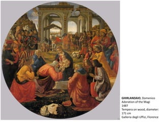 GHIRLANDAIO, Domenico
Adoration of the Magi
1487
Tempera on wood, diameter:
171 cm
Galleria degli Uffizi, Florence
 