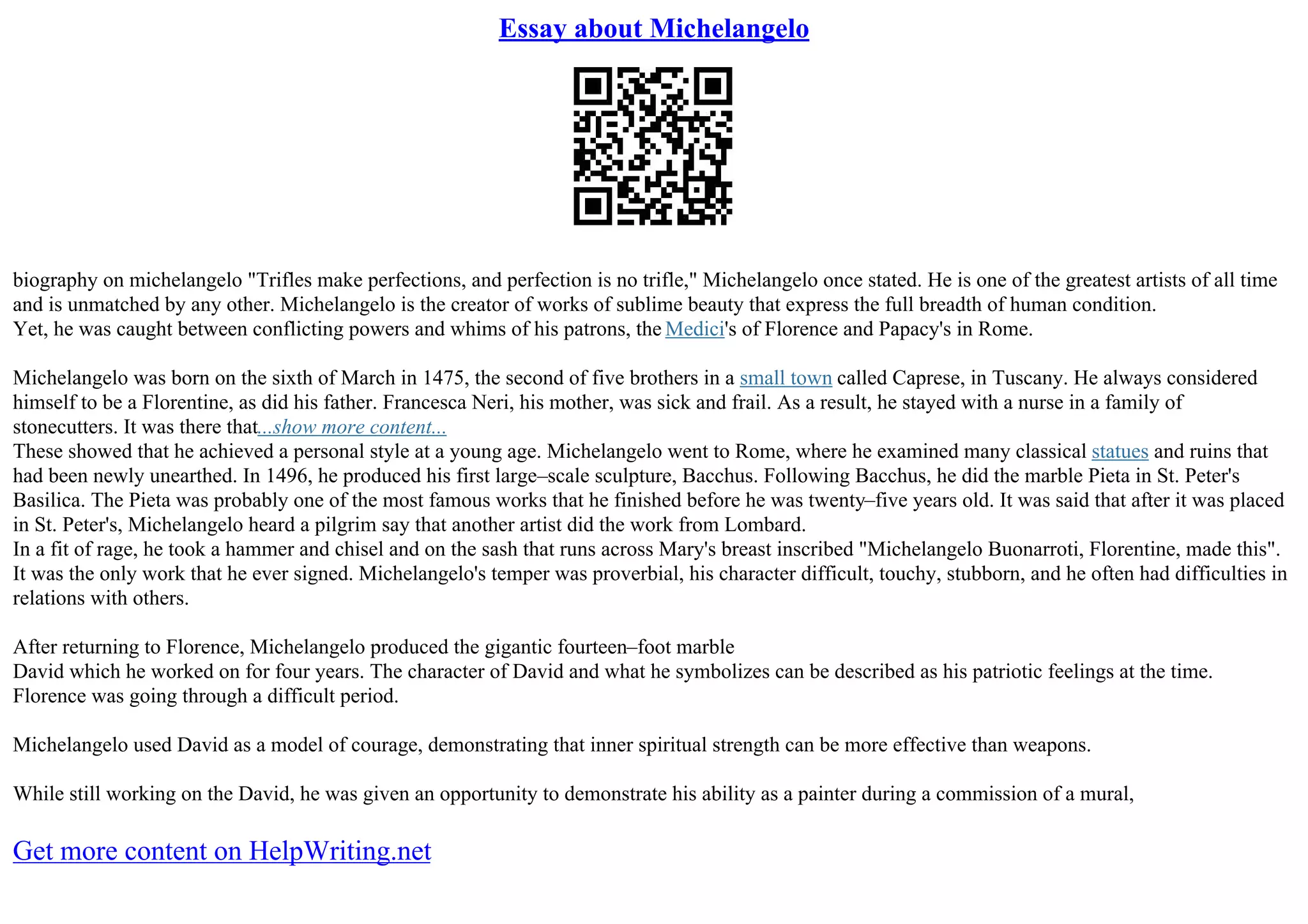 Michelangelo David Essay | PDF