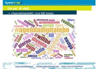 Un po' di dati
-> #AgendaDigitaleBO: circa 800 tweets




      www.micheledalena.it   michele.dalena@gmail.com   twitter.com/micheledAlena
 