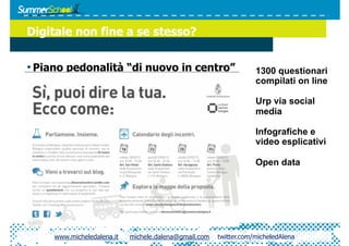 Digitale non fine a se stesso?


• Piano pedonalità “di nuovo in centro”                            1300 questionari
                                                                   compilati on line

                                                                   Urp via social
                                                                   media

                                                                   Infografiche e
                                                                   video esplicativi

                                                                   Open data




     www.micheledalena.it   michele.dalena@gmail.com   twitter.com/micheledAlena
 