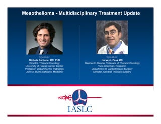 Speaker:
Michele Carbone, MD, PhD
Director, Thoracic Oncology
University of Hawaii Cancer Center
Professor, Department of Pathology
John A. Burns School of Medicine
Speaker:
Harvey I. Pass MD
Stephen E. Banner Professor of Thoracic Oncology
Vice-Chairman, Research
Department of Cardiothoracic Surgery
Director, General Thoracic Surgery
Mesothelioma - Multidisciplinary Treatment Update
 