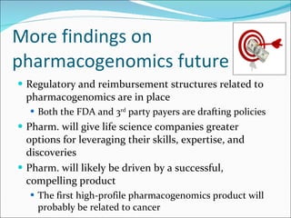 More findings on pharmacogenomics future <ul><li>Regulatory and reimbursement structures related to pharmacogenomics are i...