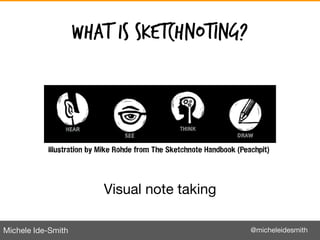 Michele Ide-Smith @micheleidesmith
What is sketchnoting?
Visual note taking
Illustration by Mike Rohde from The Sketchnote...