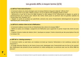 Les grands défis à moyen terme (2/3) 
Le défi de l’internationalisation : 
→ Comment séduire les clients étrangers avec la marque Michel et Augustin (objectif : 20% du CA) ? 
- Ne pas tout miser sur le côté « Made in France » et sur le côté fun des packaging, faciles à imiter 
- Retranscrire ce qui fait la force de M&A (traduire le côté ludique et fun notamment) et adapter en partie le 
positionnement de la marque pour séduire des niches clients jeune et premium dans les grandes capitales du 
monde (New York, Shanghai, etc.) 
- Adapter en partie les produits aux spécificités culinaires des zones d’implantation (développement de gammes 
spécifiques pour certains pays ?) 
Le défi de la relation client et de la fidélisation : 
→ Comment renforcer encore le lien et l’attachement des clients à la marque M&A ? 
- Mettre en place une stratégie / programme de fidélisation pour augmenter le panier moyen des clients les plus 
fidèles 
- Proposer d’autres modes de relation client : boutiques en propre / Vente à domicile par des prescripteurs fans de 
la marque / etc. 
Le défi de la « sharing economy »: 
→ Comment mettre un pied dans une tendance de fond qui traverse l’alimentaire et de nombreux secteurs de 
l’économie ? 
- A l’image d’Auchan (Quirky) ou de Casino (cvous.com), développer plus l’interactivité avec les fans et les associer 
dès l’élaboration des produits (et pas seulement en mode tasting) pour co-construire avec eux les offres M&A de 
demain? 
11 Ce Business Case a été réalisé par ID Strat et ne peut être reproduit ou diffusé sans son autorisation en respect du code de la propriété intellectuelle 
 