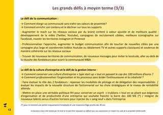 Les grands défis à moyen terme (3/3) 
Le défi de la communication : 
→ Comment élargir sa communauté sans trahir ses valeurs de proximité? 
→ Comment enrichir son contenu et le décliner sur tous les supports 
- Augmenter le reach sur les réseaux sociaux par du brand content à valeur ajoutée et de meilleure qualité : 
développement de la vidéo (Twitter, Youtube), campagnes de recrutement ciblées, meilleure iconographie sur 
Facebook, investir les territoires Instagram et Pinterest 
- Professionnaliser l’approche, augmenter le budget communication afin de toucher de nouvelles cibles par une 
campagne plus large et coordonnée (vidéos Youtube ou idéalement TV et autres supports classiques) et soutenue de 
manière cohérente sur les réseaux sociaux 
- Trouver de nouveaux territoires de communication, de nouveaux messages pour éviter la lassitude, aller au-delà de 
la réussite des fondateurs pour ouvrir la communautéM&A 
Le défi de la culture d’entreprise et le défi de la gestion interne : 
→ Comment conserver une culture d’entreprise « type start up » tout en passant le cap des 100 millions d’euros ? 
→ Comment professionnaliser l’organisation et les processus sans brider l’enthousiasme et la créativité ? 
- Faire évoluer le rôle des 2 fondateurs : repenser les modalités de pilotage et de délégation des responsabilités / 
évaluer les impacts de la nouvelle structure de l’actionnariat sur les choix stratégiques et le niveau de rentabilité 
attendu 
- Mettre en place une véritable politique RH pour conserver un esprit « trublions » tout en se pliant aux exigences 
d’organisation et de productivité d’une entreprise qui souhaite franchir la barre des 100 ME (*) / Intégrer de 
nouveaux talents venus d’autres horizons pour injecter du « sang neuf » dans l’entreprise 
(*) pour le moment une petite cinquantaine d’employés et une moyenne d’âge proche des 30 ans 
12 Ce Business Case a été réalisé par ID Strat et ne peut être reproduit ou diffusé sans son autorisation en respect du code de la propriété intellectuelle 
 