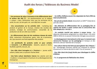 Audit des forces / faiblesses du Business Model 
- Une promesse de valeur innovante et très différentiante dans 
le secteur des IAA (*) : Un positionnement sur le ludique 
« unique » dans l’alimentaire alors que les territoires de la 
santé, du sain, du bon goût, etc. sont déjà bien occupés 
- Une concentration sur les activités clefs : marketing des 
produits et gestion de la marque, création des recettes des 
produits, stratégie de communication. L’ensemble de la 
production est de son côté sous-traitée 
- Un référencement dans de très nombreux réseaux de vente 
(GSA, restaurants d’entreprises, gares, sites de e-commerce, 
etc.) qui assurent une forte exposition des produits 
- Un portefeuille de produits variés et pour certains 
« innovants » et différenciants : desserts, yaourts à boire, 
feuilletés apéritifs, biscuits, etc. 
- Une cible client homogène et « Premium » : jeunes actifs, 
urbains, bobos avec un pouvoir d’achat élevé 
- Une forte culture identitaire interne (les salariés sont des 
« trublions » et participent à l’aventure et au développement de 
l’entreprise) 
- Un chiffre d’affaires encore très dépendant de Paris (70% du 
total actuellement) 
- Des prix de produits élevés nécessitant un CAP(**) élevé de la 
part des clients 
- Des éléments de différenciation liés au packaging (fun et 
coloré) très faciles à copier surtout avec la concurrence des 
GSA adeptes du « me-too » 
- Un contexte marché peu porteur à moyen terme : les 
dépenses alimentaires progressent au ralenti (tcam <1% entre 
2000 et 2012) et un pouvoir d’achat des ménages sous pression 
- Le développement international se fait pour le moment sans 
retranscrire l’humour sur les packagings (il manque un des 
éléments clefs de l’identité de la marque) 
- Une culture interne très forte qui peut générer des critiques / 
(ex : témoignages d’anciens salariés qui critiquent le manque 
d’ouverture en interne derrière le côté « fun et convivial ») 
- Une cible client très (trop) étroite pour développer le chiffre 
d’affaires 
- Pas de programme de fidélisation des clients 
3 
+ - 
(*) Industries Agro-Alimentaires 
(**) Consentement à payer 
Ce Business Case a été réalisé par ID Strat et ne peut être reproduit ou diffusé sans son autorisation en respect du code de la propriété intellectuelle 
 