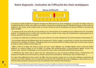 Notre diagnostic : évaluation de l’efficacité des choix stratégiques 
Faible Niveau d’efficacité Fort 
La croissance rapide de Michel et Augustin témoigne de l’efficacité de ses choix stratégiques. Le cap des 10 millions d’euros a 
en effet été atteint en 2010, soit à peine 6 ans après la création de la société qui serait à l’équilibre financier en 2011 selon ses 
dirigeants. Pour autant, notre analyse pointe un certain nombre de points de faiblesses qui peuvent affaiblir la promesse de 
valeur de M&A : 
- La marque est de notre point de vue trop portée par la communication et le marketing et pas suffisamment par l’innovation 
produit. Un réajustement est à initier pour conserver dans la durée le haut niveau de consentement à payer généré par la 
marque auprès de ses clients et prospects. 
- La marque est noyée dans les linéaires et a du mal à valoriser son univers décalé dans des environnements multimarques (*). 
- Les principaux éléments de différenciation de la marque sont « faciles à copier » surtout dans un secteur très concurrentiel et 
marqué par les stratégies d’imitation : packaging coloré et fun (certaines MDD ont d’ailleurs déjà repris certains codes couleurs 
et mises en scène), contenu humoristique, etc. 
- M&A a surfé sur la vague des réseaux sociaux sans pour autant déployer une stratégie digitale claire et extensive (faible 
présence sur certains réseaux et sur la vidéo). La marque doit professionnaliser sa communication digitale, enrichir son 
contenu, pour continuer à développer sa communauté et ne pas risquer lassitude/essoufflement/mauvais buzz. 
- La fidélisation des clients dans la durée n’est pas suffisamment au coeur du Business Model (même si l’attachement à la 
marque est travaillé via la communauté, les réseaux sociaux et les événements : Bananeraie, nuits à la belle étoile... ). 
Un risque d’essoufflement du buzz autour de M&A n’est pas à écarter compte tenu en outre des ambitions importantes de 
croissance du chiffre d’affaires sur les 5 prochaines années (CA X5). L’efficacité des choix stratégiques a été prouvée sur une 
niche de clients parisiens mais qu’en est-il sur une cible plus mass market et internationale ? 
8 (*) Ce n’est pas propre à M&A mais vrai pour toutes les marques qui cherchent à se différencier dans des environnements multimarques 
Ce Business Case a été réalisé par ID Strat et ne peut être reproduit ou diffusé sans son autorisation en respect du code de la propriété intellectuelle 
 