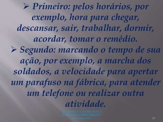 "A LEITURA É A SENHA PARA O
ACESSO AO CONHECIMENTO"
(Prof. Manoelito) 19
 Primeiro: pelos horários, por
exemplo, hora para chegar,
descansar, sair, trabalhar, dormir,
acordar, tomar o remédio.
 Segundo: marcando o tempo de sua
ação, por exemplo, a marcha dos
soldados, a velocidade para apertar
um parafuso na fábrica, para atender
um telefone ou realizar outra
atividade.
 