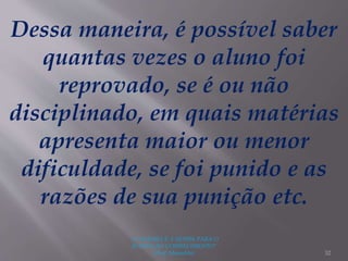 "A LEITURA É A SENHA PARA O
ACESSO AO CONHECIMENTO"
(Prof. Manoelito) 32
Dessa maneira, é possível saber
quantas vezes o aluno foi
reprovado, se é ou não
disciplinado, em quais matérias
apresenta maior ou menor
dificuldade, se foi punido e as
razões de sua punição etc.
 