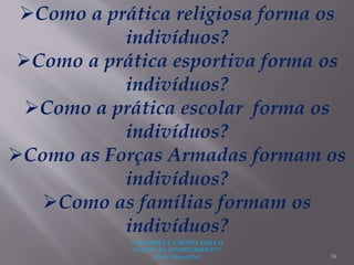 "A LEITURA É A SENHA PARA O
ACESSO AO CONHECIMENTO"
(Prof. Manoelito) 39
Como a prática religiosa forma os
indivíduos?
Como a prática esportiva forma os
indivíduos?
Como a prática escolar forma os
indivíduos?
Como as Forças Armadas formam os
indivíduos?
Como as famílias formam os
indivíduos?
 