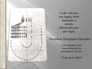Cada um em
seu lugar, bem
trancado e
sendo
observado por
um vigia.
Presídios, Hospitais e Escolas!
O Panóptico é um
intensificador da
inexistência do ser.

O eu sem mim!

 