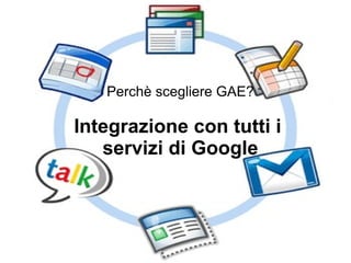 Perchè scegliere GAE?

Integrazione con tutti i
   servizi di Google
 
