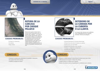 43
CONSEJOS:
42
Cámara pellizcada en el proceso desmontaje.
Presencia de aire entre la cámara y la cubierta.
Llanta sucia o en mal estado.
Presencia de etiquetas, arena, gravilla...
Cámara no adaptada a la dimensión.
Cámara vieja y dilatada.
Rodaje bajo-inflado.
Durante el inflado empujar la válvula hacia el interior para sacar el aire.
Inflar lentamente sin quitar el interior de válvula.
Limpiar la llanta y el interior de la cubierta.
Montar una cámara nueva correspondiente a la dimensión de la cubierta.
ROTURA DE LA
CARCASA
POR CHOQUE
PELLIZCO
Rotura de la goma interior de la
carcasa como consecuencia de un
choque tipo “pellizco”, en el que el
flanco queda aprisionado entre la
pestaña de la llanta y un obstáculo.
Se manifiesta exteriormente por
una deformación o una rotura.
Ocasionalmente, este daño no es
visible después del golpe, y el
rodaje posterior puede provocar la
rotura y la pérdida instantánea del
aire.
Choque con obstáculos.
Accidente.
Bajo-inflado.
Examinar la cubierta para determinar si es posible su reparación.
No reparar fuera de las normas.
Verificar el estado de la llanta.
DETERIORO DE
LA CÁMARA POR
LA CUBIERTA
O LA LLANTA
Las causas más comunes son: pellizcos,
roces, degradaciones por materias
extrañas, roturas por pliegues.
CONSEJOS:
CÁMARAINTERIOR DE LA CUBIERTA
CAUSAS PROBABLES:CAUSAS PROBABLES:
 