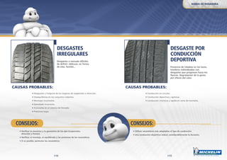 1514
DESGASTES
IRREGULARES
Desgastes a menudo difíciles
de definir: oblicuos, en forma
de olas, facetas...
Verificar la mecánica y la geometría de los ejes (suspensión,
dirección y frenos).
Verificar el montaje, el equilibrado y las presiones de los neumáticos.
Si es posible, permutar los neumáticos.
DESGASTE POR
CONDUCCIÓN
DEPORTIVA
Presencia de rebabas en los tacos,
hombros redondeados con
desgastes que progresan hacia los
flancos. Degradación de la goma
por efecto del calor.
Conducción en circuito.
Conducción deportiva y agresiva.
Conducción intensiva y rápida en zona de montaña.
Utilizar neumáticos más adaptados al tipo de conducción.
Una conducción deportiva reduce considerablemente la duración.
Desajustes u holguras de los órganos de suspensión o dirección.
Desequilibrios en los conjuntos rodantes.
Montajes incorrectos.
Gemelado incorrecto.
Anomalías en el sistema de frenado.
Presiones bajas.
CONSEJOS:CONSEJOS:
BANDA DE RODADURA
CAUSAS PROBABLES:CAUSAS PROBABLES:
 