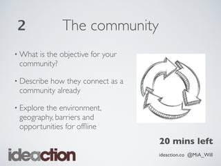 ideaction.co @MiA_Will
The community
• What is the objective for your
community?
• Describe how they connect as a
community already
• Explore the environment,
geography, barriers and
opportunities for ofﬂine
2
20 mins left
 
