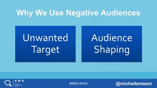 #SMX #XXA @michellemsem
Why We Use Negative Audiences
Unwanted
Target
Audience
Shaping
 
