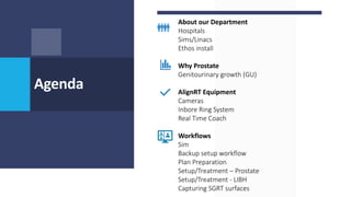 Agenda
About our Department
Hospitals
Sims/Linacs
Ethos install
Why Prostate
Genitourinary growth (GU)
AlignRT Equipment
Cameras
Inbore Ring System
Real Time Coach
Workflows
Sim
Backup setup workflow
Plan Preparation
Setup/Treatment – Prostate
Setup/Treatment - LIBH
Capturing SGRT surfaces
 