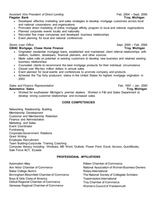 Assistant Vice President of Direct Lending Feb. 2004 – Sept. 2006
Flagstar Bank Troy, Michigan
 Developed effective marketing and sales strategies to develop mortgage customers across local
and national corporations and organizations
 Promoted direct marketing of online mortgage affinity program to local and national organizations
 Planned corporate events locally and nationally
 Recruited five major companies and developed business relationships
 Event planning for local and national conferences
Senior Loan Office Sept. 2000 – Feb. 2004
GMAC Mortgage, Chase Home Finance Troy, Michigan
 Originated residential mortgage loans, established and maintained client referral relationships with
realtors, builders, developers, financial planners, and other sources
 Made sales calls on potential or existing customers to develop new business and retained existing
business relationships
 Counseled clients to recommend the best mortgage products for their individual circumstance
 Closed over fifty-two million dollars in annual sales
 Event planned for local events and conferences to promote company and products
 Achieved the Top forty producers’ status in the United States for highest mortgage origination in
2003
Sales and Finance Representative Feb. 1997 – Jan. 2000
Automotive Sales Troy, Michigan
 Worked for southeaster Michigan’s premier dealers. Worked in F&I and Sales Department to
develop strong customer relationships and increased sales
CORE COMPETENCIES
Networking Relationship Building
Membership Development
Customer and Membership Retention
Finance and Administration
Marketing and Sales
Event Coordinator
Fundraising
Corporate-Government Relations
Grant Writing
Employee Recruitment
Team Building-Corporate Training Coaching
Computer literacy including: Windows, MS Word, Outlook, Power Point, Excel, Access, QuickBooks,
Sale Force ACT, ELeads
PROFESSIONAL AFFILIATIONS
Automation Alley
Ann Arbor Chamber of Commerce
Baker College Alumni
Birmingham Bloomfield Chamber of Commerce
Boys & Girls Clubs of America
Detroit Regional Chamber of Commerce
Genesee Regional Chamber of Commerce
Killeen Chamber of Commerce
National Association of Women Business Owners
Rotary International
The National Society of Collegiate Scholars
Toastmasters International
Troy Chamber of Commerce
Women’s Council of Frankenmuth
 
