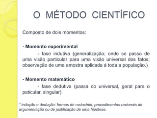 O  MÉTODO  CIENTÍFICOComposto de dois momentos:- Momento experimental	- fase indutiva (generalização; onde se passa de uma visão particular para uma visão universal dos fatos; observação de uma amostra aplicada á toda a população.)- Momento matemático	- fase dedutiva (passa do universal, geral para o paticular, singular)* indução e dedução: formas de raciocínio; procedimentos racionais de argumentação ou de justificação de uma hipótese.