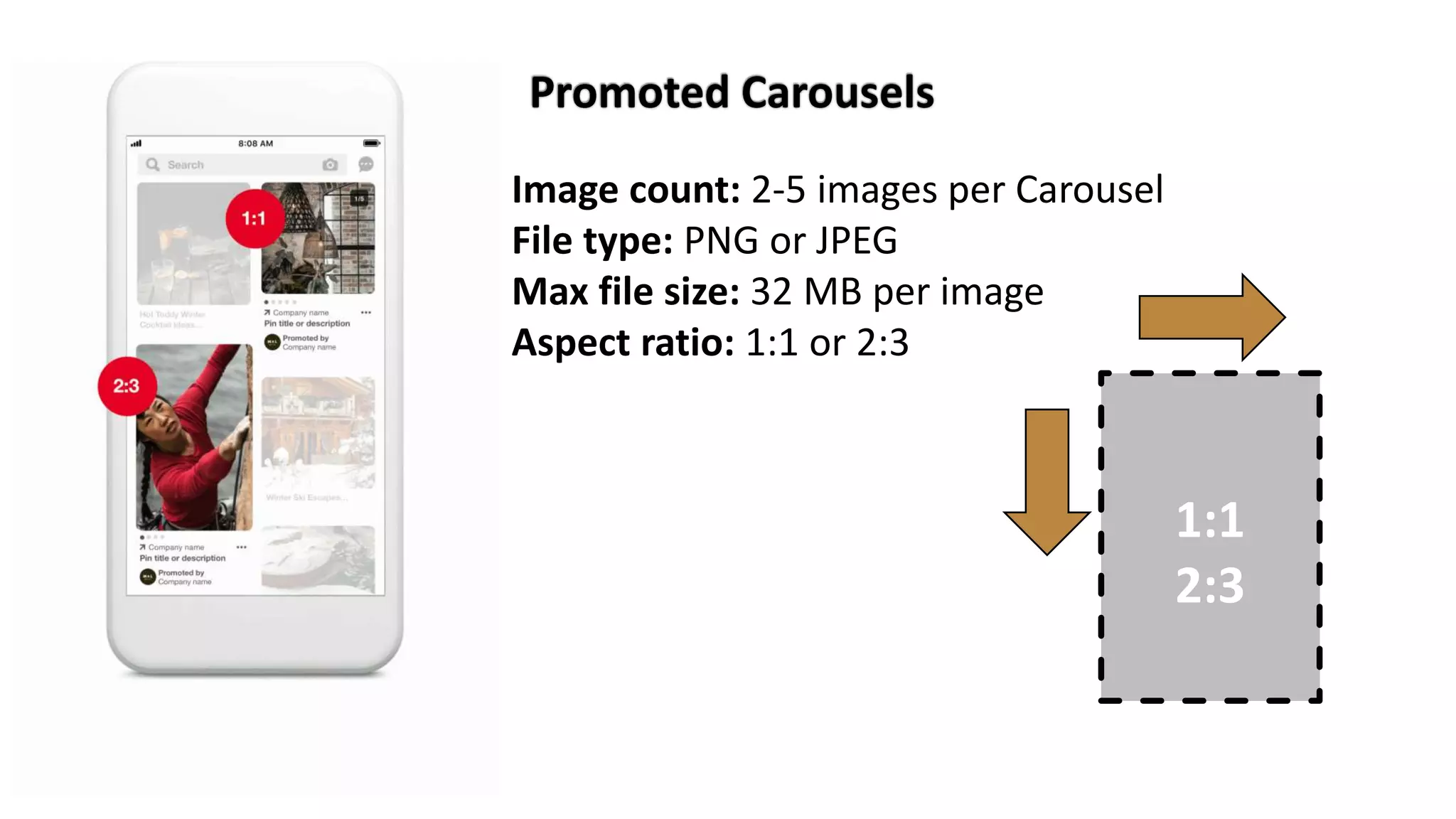 @metrony
1:1
2:3
Image count: 2-5 images per Carousel
File type: PNG or JPEG
Max file size: 32 MB per image
Aspect ratio: 1:1 or 2:3
 
