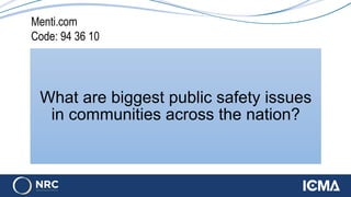 What are biggest public safety issues
in communities across the nation?
Menti.com
Code: 94 36 10
 