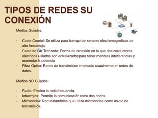 TIPOS DE REDES SU
CONEXIÓN
  Medios Guiados:

  •   Cable Coaxial: Se utiliza para transportar senales electromagneticas de
      alta frecuencia.
  •   Cable de Par Trenzado: Forma de conexión en la que dos conductores
      eléctricos aislados son entrelazados para tener menores interferencias y
      aumentar la potencia
  •   Fibra Optica: Redes de transimision empleado usualmente en redes de
      datos.

  Medios NO Guiados:

  •   Radio: Emplea la radiofrecuencia.
  •   Infrarrojos: Permite la comunicación entre dos nodos.
  •   Microondas: Red inalámbrica que utiliza microondas como medio de
      transmisión.
 