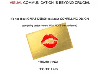VISUAL COMMUNICATION IS BEYOND CRUCIAL 
Its not about GREAT DESIGN its about COMPELLING DESIGN 
(compelling design converts WAY MORE than traditional) 
?TRADITIONAL 
?COMPELLING 
 