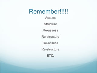 Remember!!!!! Assess Structure Re-assess Re-structure Re-assess Re-structure ETC. 