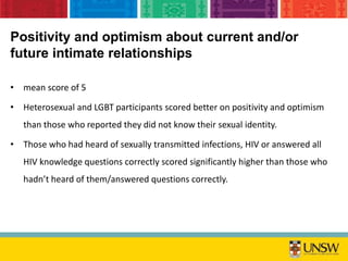 • mean score of 5
• Heterosexual and LGBT participants scored better on positivity and optimism
than those who reported they did not know their sexual identity.
• Those who had heard of sexually transmitted infections, HIV or answered all
HIV knowledge questions correctly scored significantly higher than those who
hadn’t heard of them/answered questions correctly.
Positivity and optimism about current and/or
future intimate relationships
 