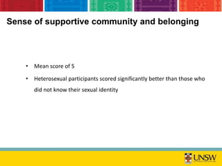Sense of supportive community and belonging
• Mean score of 5
• Heterosexual participants scored significantly better than those who
did not know their sexual identity
 