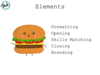Elements
Formatting
Opening
Skills Matching
Closing
Branding
 
