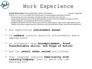Work Experience
• Are experiences achievement based?
• Do numbers clearly quantify achievements where
appropriate?
• Do statements have Accomplishment, Proof,
Transferrable skills, and Scope of Action?
• Are the result verbs varied and strong?
• Does language indicate familiarity with
industry/company? Does it match the job
description?
 