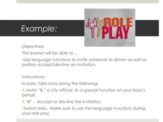 Example:
Objectives:
The learner will be able to…
Use language functions to invite someone to dinner as well as
politely accept/decline an invitation.
Instructions:
In pairs, take turns doing the following:
A.Invite “B,” a city official, to a special function on your boss’s
behalf.
B.“B” -- Accept or decline the invitation.
Switch roles. Make sure to use the language functions during
your role play. 

 